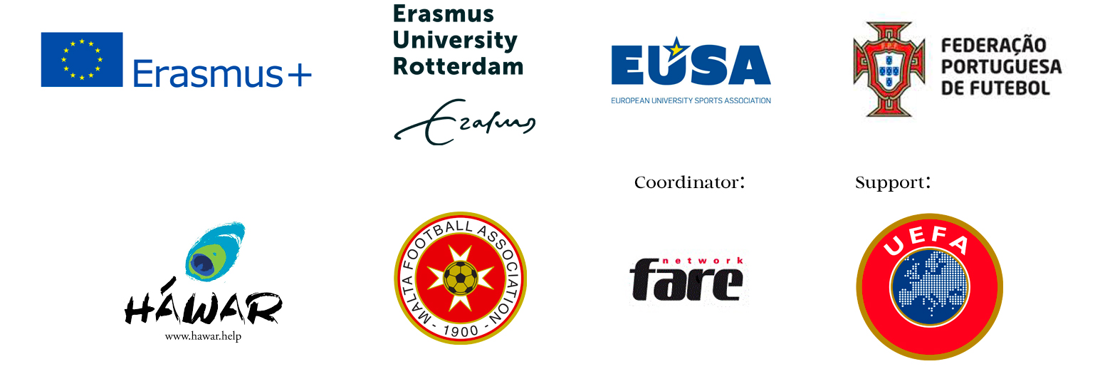 iFlipp partners logos: Erasmus+, Erasmus University Rotterdam, European University Sports Association, Federação Portuguesa de Futebol, Hawar Help, Malta Football Association. Coordinator: Fare Network. Support: UEFA.