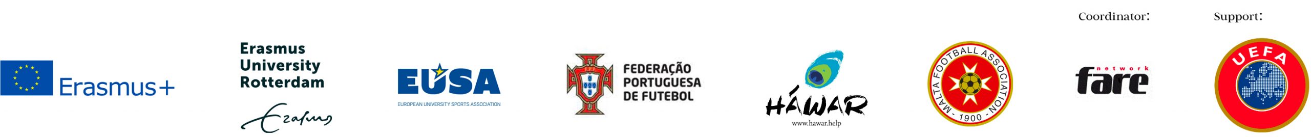 iFlipp partners logos: Erasmus+, Erasmus University of Roterdam, Portuguese FA, Hawar.Help, Malta Football Association, Fare Network (coordinator), UEFA (supporter)