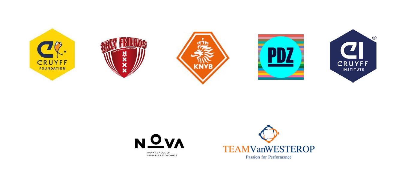 Partner Logos from left to right and top to bottom: Johan Cruyff Foundation, Sport Club Only Friends, KNVB, Pakhuis de Zweijger, Cruyff Institute, Nova SBE University, Team van Westerop Consulting