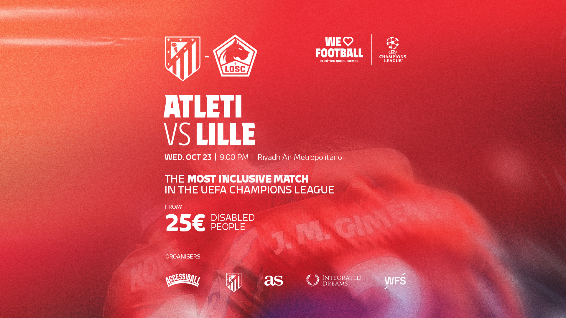 Most Inclusive Match Poster including match information, partners and logos in white on red background