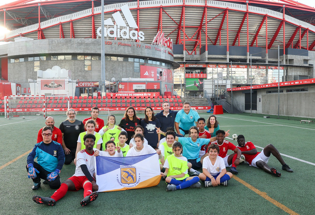 Football For All Leadership Programme class of 2019 visiting the Portuguese Football Association in the stands with guide 2018 Alumni Eduardo Maia